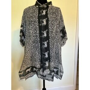 Rima Women Black White Leopard Animal Print Sheer Button Down Tunic Cover Up